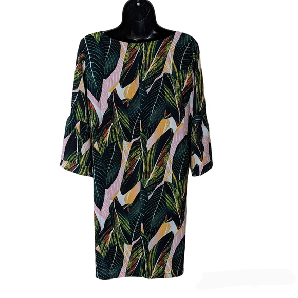 Belongsci Green Leaf V-Neck Knee Length Dress w/ Flounce Bell Sleeves Size S NEW - Picture 2 of 6